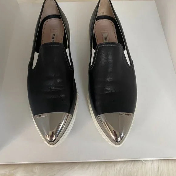 EUC MIU Black Silver Metal CapToe Leather Skate Slip on Sneakers Shoe 37 7 - Picture 2 of 10